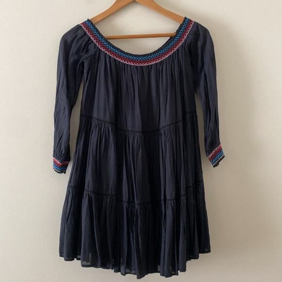 Free People Sunbeams Mini Dress Embroidered Boho Off Shoulder Flowy Black Small - Picture 7 of 14